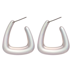 Iridescent acrylic C-shaped earrings with silver needles featuring geometric design