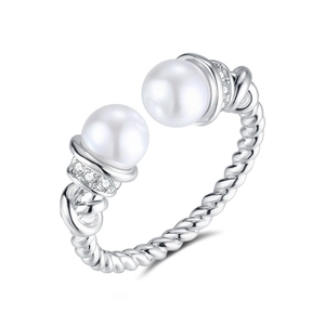 S925 sterling silver twist open ring with two white pearls and sparkling cubic zirconia