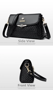 Detailed view of black woven texture leather bag with golden kangaroo logo and floral clasp