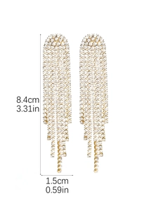 Detailed dimensions of long gold tassel earrings with rhinestones measuring 8.4cm by 1.5cm