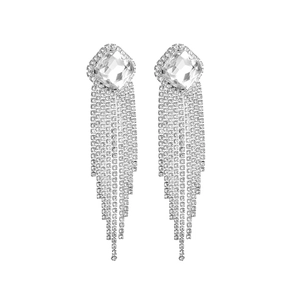 Luxurious silver tassel earrings featuring square crystals and shimmering rhinestone fringe