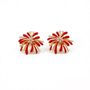 Sparkling firework flower earrings with red enamel and zircon on gold metal base