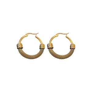 Vintage golden stainless steel hoop earrings with delicate mesh weave design for women