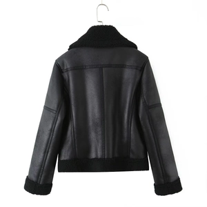 Back view of black faux leather aviator jacket with fuzzy lining and belt detail