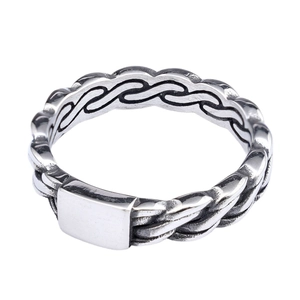 Silver punk flame totem stainless steel ring with twisted rope texture on white background