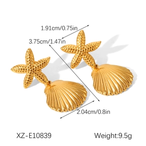 Detailed dimensions of gold starfish and shell pendant earrings with 18K gold finish
