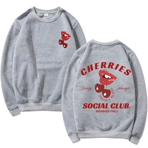 Grey Halloween sweatshirt with red cherries Social Club print, front and back view