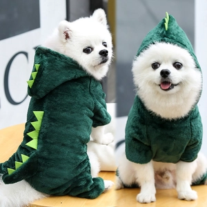 Winter dinosaur costume for small dogs in warm dark green plush with hood details