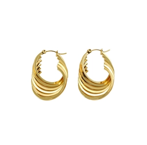 Detailed close-up of golden multilayered fan-shaped geometric hoop earrings in stainless steel