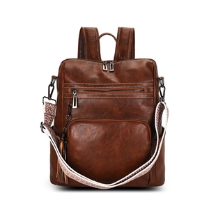 Detail of vintage brown backpack showing high-quality PU texture and ethnic embroidered strap