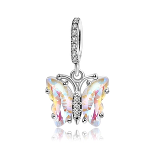 Silver butterfly charm featuring iridescent crystal wings and clear zircon accents