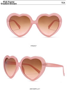 Pink heart-shaped sunglasses with gradient tea lenses shown from front and 45-degree angles