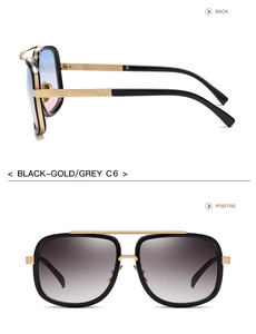 Detailed front and side view of oversized square black and gold metal bar sunglasses