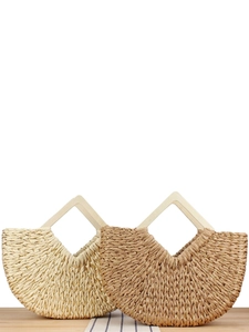 Woven Handbag With Wood Handle Paper Rope Beach Bag Gold Thread Crescent Shoulder Bag For Women Handmade Boho Style