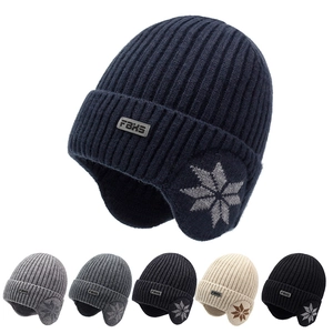 Men Knitted Beanie Hat With Earflaps Acrylic Fleece Lined Winter Warm Windproof Snowflake Pattern