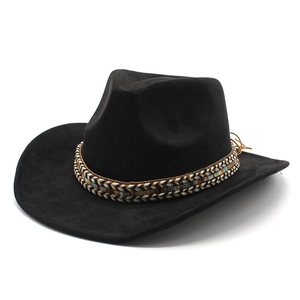 Detail of black suede cowboy hat featuring ethnic woven band and tassel accents