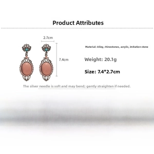 Detailed view of vintage acrylic floral earrings with size 7.4x2.7cm and material specs