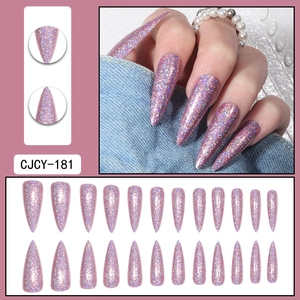 Detailed view of pink laser glitter long stiletto press-on nails set in CJCY-181 model