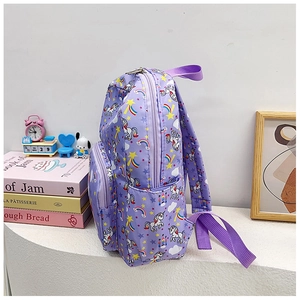 Detail of cute purple unicorn kids backpack featuring zip compartments and side pockets