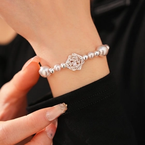Elegant beaded pearl bracelet with zircon silver rose flower charm for women