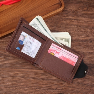 Business men's dark brown leather wallet with multi-card slots shown on wooden desk