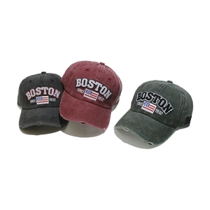 Vintage washed cotton baseball caps with Boston embroidery in charcoal, burgundy and green