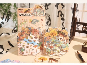 Detail of traditional Chinese garden scenery stickers with pavilions and bridges on PET material