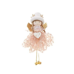 Pink and white plush angel doll hanging ornament with gold wings and metal bells
