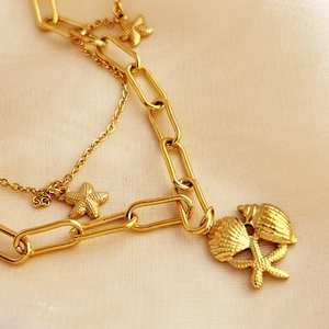 Gold layered ocean necklace with starfish and seashell charms on polished linked chain