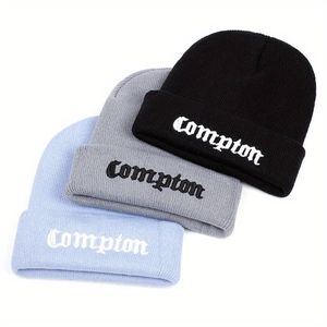 Beanie Hat Acrylic Knit Compton Embroidery Gothic Lettering Ribbed Winter Warm Streetwear For Men Women Unisex