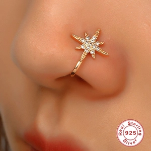Octagon star nose cuff in 925 sterling silver with zircon inlay for non-pierced ears
