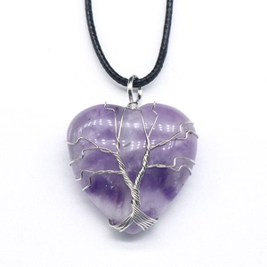 Rose quartz heart pendant with silver wire tree of life on black cord necklace