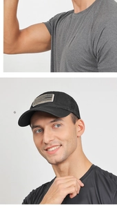 Detail of black mesh baseball cap featuring an American flag patch and breathable fabric
