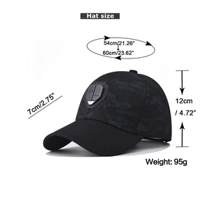 Detail of dark camo baseball cap showing dimensions and 95g weight specifications