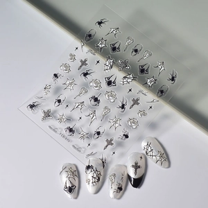 5D embossed black spider and gothic cross nail art stickers with 3D star and rose patterns