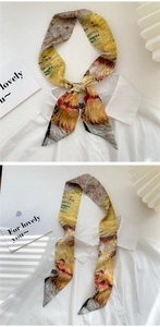 Artistic oil painting silk scarf tied on white shirt showing smooth texture and details