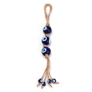 Handmade Evil Eye charm with blue glass beads and natural jute rope for home car decor