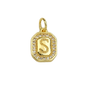 Macro shot of 18k gold plated letter S pendant featuring sparkling cubic zirconia stones