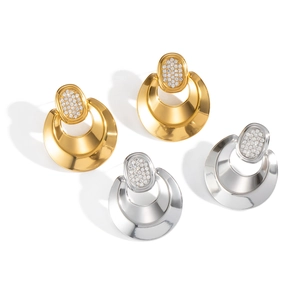 Polished stainless steel geometric earrings with sparkling rhinestones in gold and silver