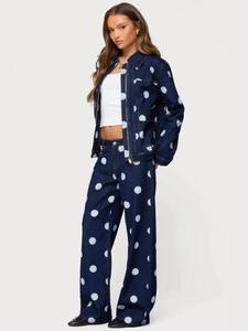 Women's dark blue denim two-piece set with large white polka dots featuring a wide-leg design