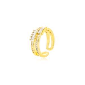 Minimalist double-layered gold ring with zircon stones on white background