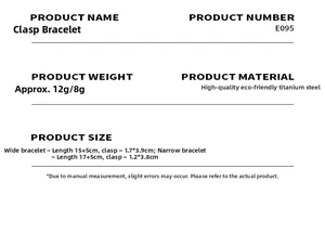Size chart for titanium steel buckle bracelets with weight and length measurements