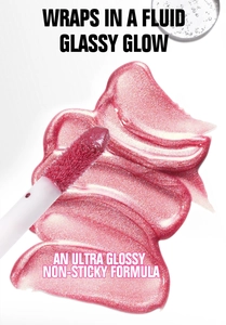 Détail de swatch de brillant à lèvres rose nacré avec applicateur, ultra brillant et non collant.