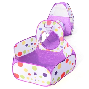 Three-in-one foldable kids play tent with crawl tunnel and ball pit in purple dot design
