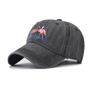 Baseball Cap Flamingo Embroidery Washed Cotton Distressed Style Adjustable Strapback Retro Outdoor Sun Hat