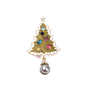 Golden Christmas tree brooch with colorful rhinestones and grey faux pearl pendant