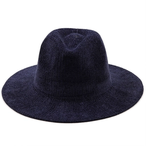 Top view of dark blue chenille knit jazz hat with grainy texture and wide brim