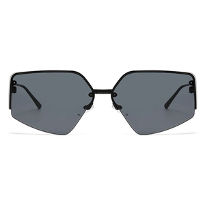 Fashionable oversized geometric semi-rimless sunglasses with black frame and grey lenses