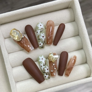 Handmade brown coffee press-on nails set with 3D crystal diamonds and floral patterns