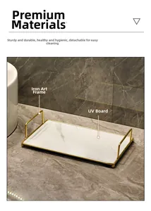 Detail of luxury marble pattern tray with gold iron frame and sturdy handles
